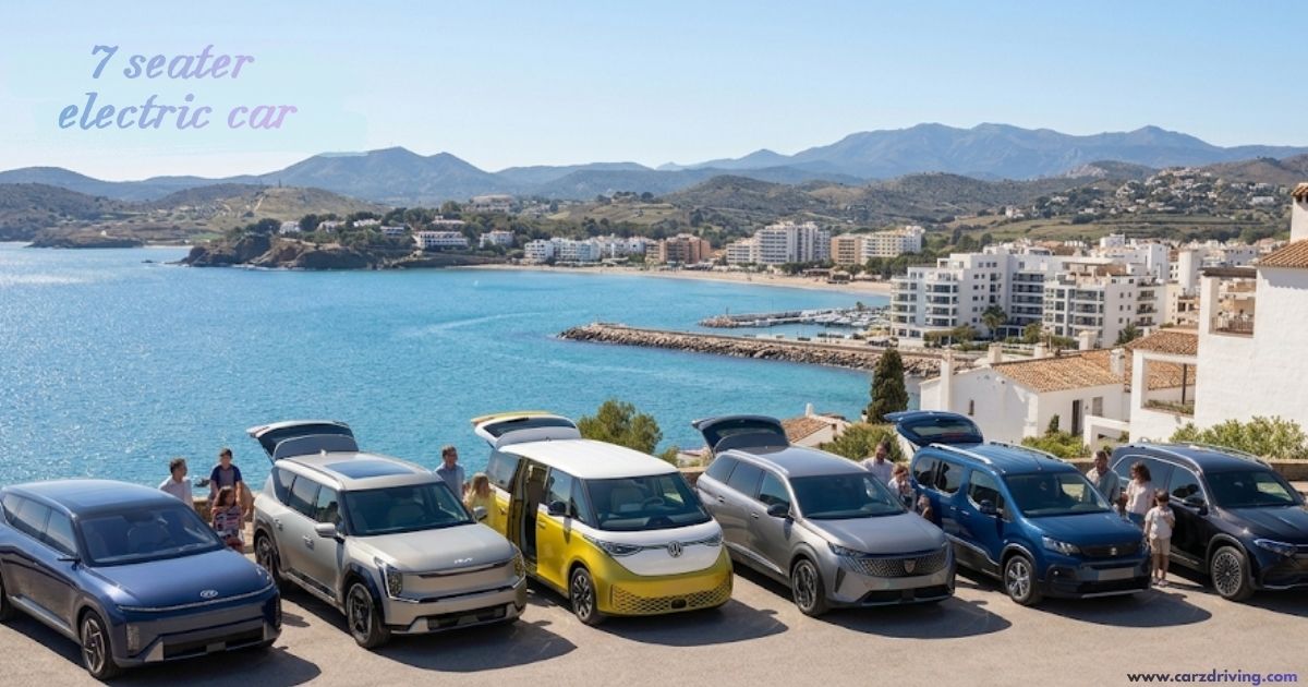 A lineup of various 7-seater electric cars and family EVs parked on a cliffside overlooking a scenic coastal town and blue ocean bay.