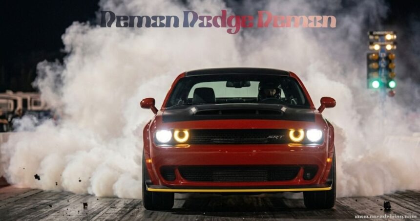 A red Dodge Challenger SRT Demon performing a burnout on a drag strip at night, with thick white smoke billowing from behind the car and a racing tree light visible in the background.