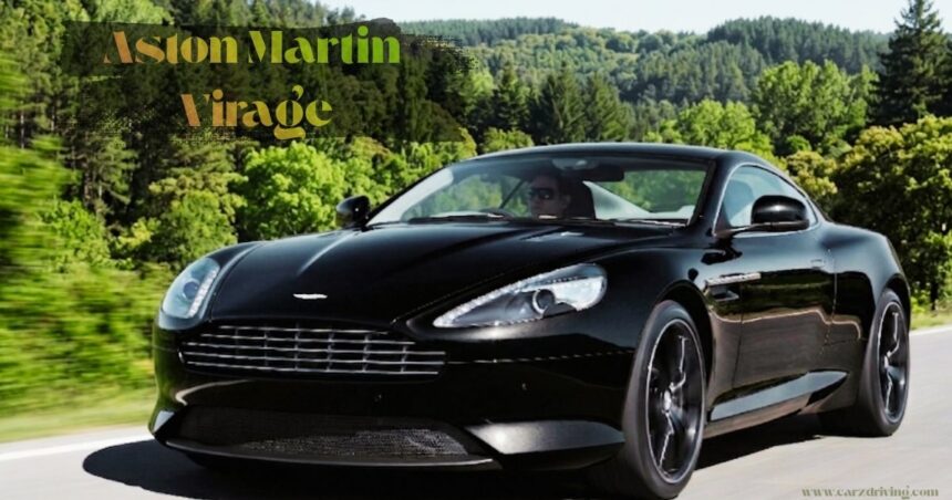 Black Aston Martin Virage luxury sports car driving at high speed.