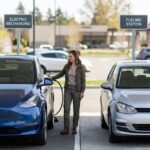 Comparison of a blue Battery Electric Vehicle (BEV) at a charging station and a silver Internal Combustion Engine (ICE) car at a gas pump.