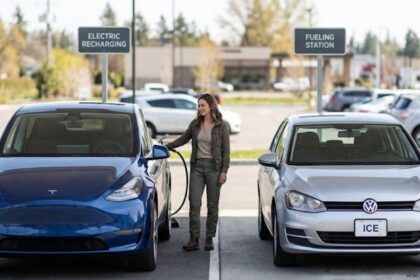 Comparison of a blue Battery Electric Vehicle (BEV) at a charging station and a silver Internal Combustion Engine (ICE) car at a gas pump.