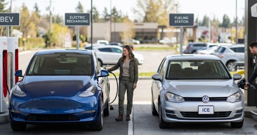 Comparison of a blue Battery Electric Vehicle (BEV) at a charging station and a silver Internal Combustion Engine (ICE) car at a gas pump.