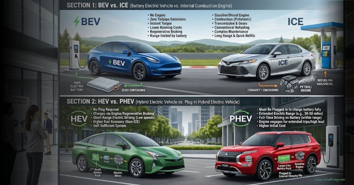 Detailed infographic comparing the features of BEV (Battery Electric Vehicle), ICE (Internal Combustion Engine), HEV (Hybrid Electric Vehicle), and PHEV (Plug-in Hybrid Electric Vehicle) powertrains.