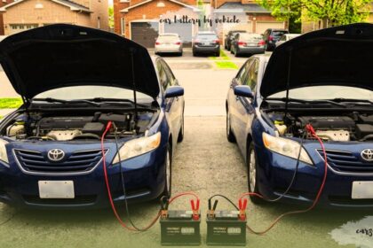 Two Toyota vehicles with open hoods undergoing a car battery jump start process, illustrating how to find the right car battery by vehicle.