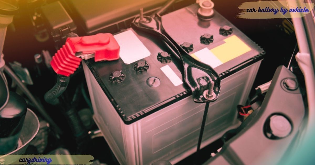 Car battery by vehicle mounted in the engine compartment with secure terminals and hold-down bracket for reliable automotive power.