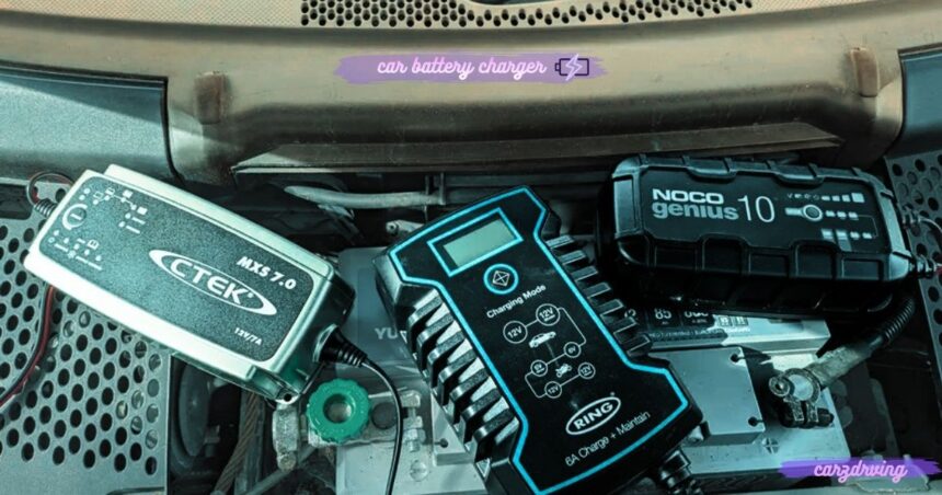 Collection of CTEK, Ring, and NOCO smart car battery chargers placed on a vehicle battery inside an engine compartment.