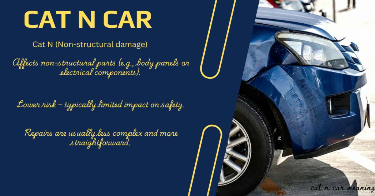 An educational graphic titled "CAT N CAR" explaining Cat N non-structural car damage, featuring text details next to an image of a blue car with minor front-end scratches and body panel damage.