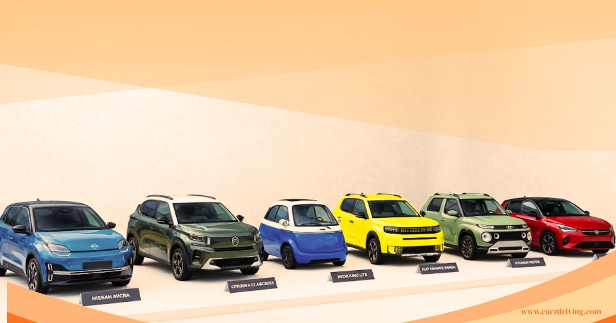 A studio-style display showcasing six compact models, serving as a visual guide to the cheapest electric car options, with each vehicle labeled by its model name.