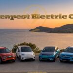 A lineup of six different compact and subcompact electric vehicles parked in a row overlooking a scenic coastal view at sunset, with the text "Cheapest Electric Car" overlaid in the center.