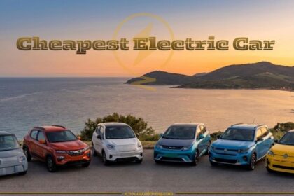 A lineup of six different compact and subcompact electric vehicles parked in a row overlooking a scenic coastal view at sunset, with the text "Cheapest Electric Car" overlaid in the center.