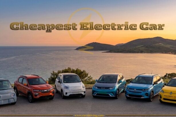 A lineup of six different compact and subcompact electric vehicles parked in a row overlooking a scenic coastal view at sunset, with the text "Cheapest Electric Car" overlaid in the center.