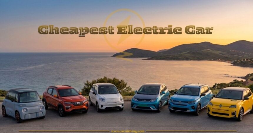 A lineup of six different compact and subcompact electric vehicles parked in a row overlooking a scenic coastal view at sunset, with the text "Cheapest Electric Car" overlaid in the center.