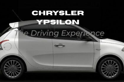Side view of a white Chrysler Ypsilon hatchback against a solid black background, featuring the text "Chrysler Ypsilon The Driving Experience."
