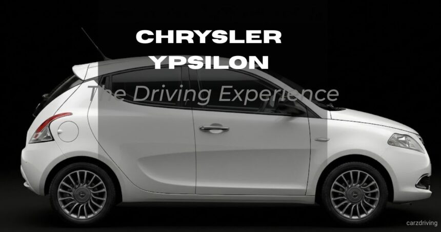 Side view of a white Chrysler Ypsilon hatchback against a solid black background, featuring the text "Chrysler Ypsilon The Driving Experience."