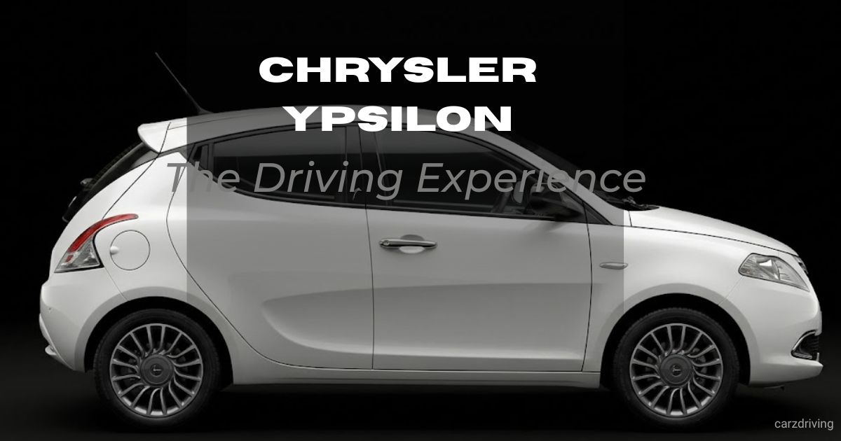 Side view of a white Chrysler Ypsilon hatchback against a solid black background, featuring the text "Chrysler Ypsilon The Driving Experience."