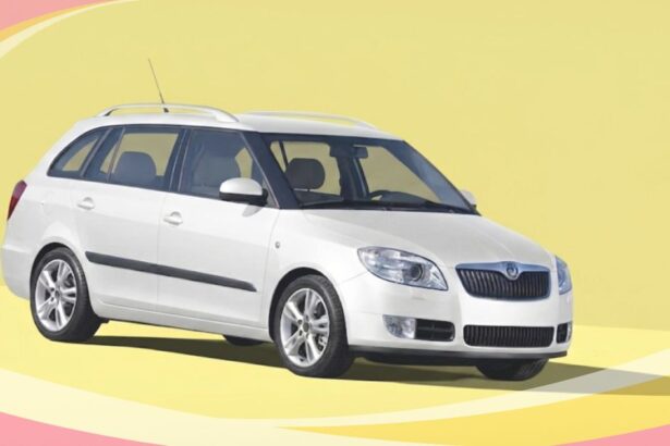 White Škoda Fabia station wagon with roof rails and alloy wheels, isolated on a yellow background.