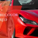 A side-profile view of a vibrant red Ferrari sports car, featuring its sleek bodywork and sharp headlight design, with text overlay reading "FERRARI COLOR RED".