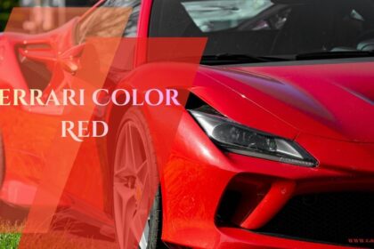 A side-profile view of a vibrant red Ferrari sports car, featuring its sleek bodywork and sharp headlight design, with text overlay reading "FERRARI COLOR RED".