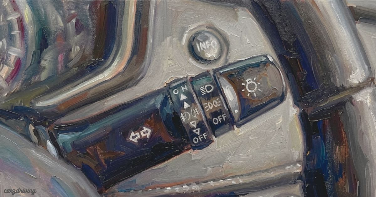 Close-up impressionist oil painting of a vehicle's dashboard controls, showcasing the indicator stalk with icons for headlights and fog lights next to an "INFO" button.