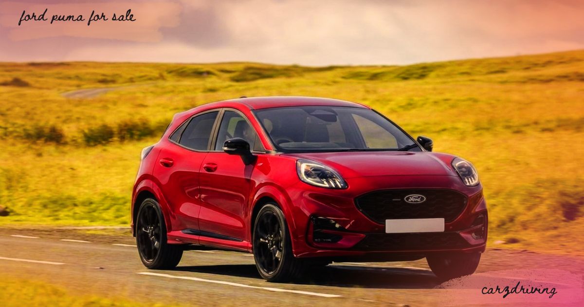 A red Ford Puma listed for sale, shown driving on a country road."