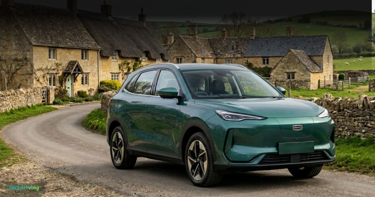 Green Geely EX5 electric crossover SUV driving through a classic British countryside village with historic stone houses.