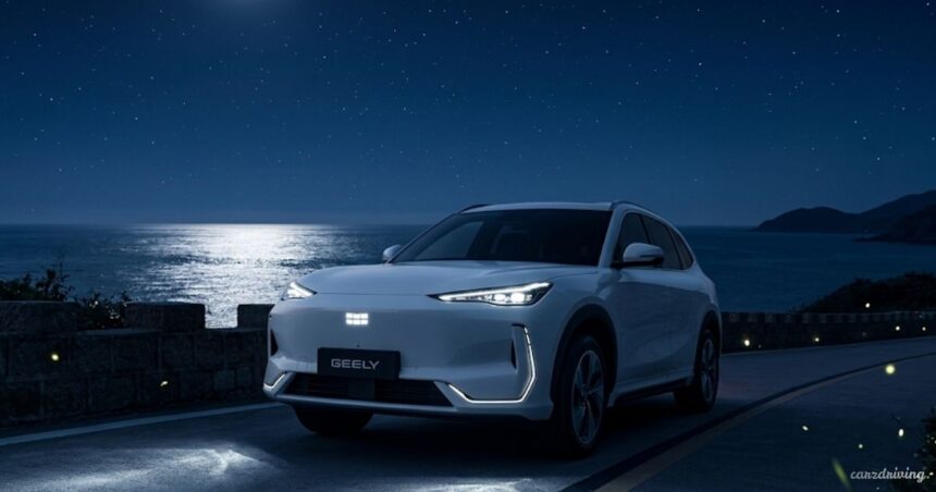 White Geely EX5 electric SUV parked on a road at night next to the ocean.
