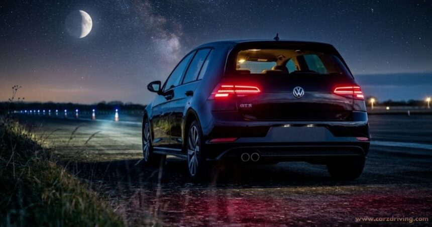 Rear view of a dark Volkswagen Golf GTE parked outdoors at night under a starry sky and a bright crescent moon.