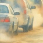 Watercolor illustration of a line of cars in heavy traffic emitting thick clouds of exhaust smoke.