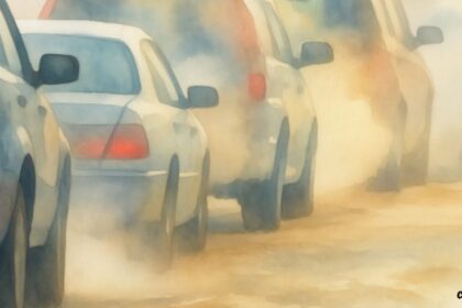Watercolor illustration of a line of cars in heavy traffic emitting thick clouds of exhaust smoke.