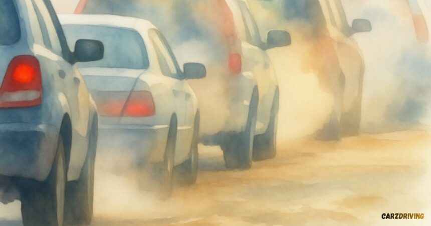Watercolor illustration of a line of cars in heavy traffic emitting thick clouds of exhaust smoke.
