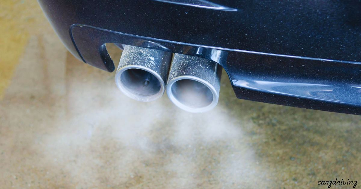 A close-up shot of dual metal exhaust pipes at the rear of a dark-colored vehicle, with white smoke or exhaust fumes billowing out over the pavement.
