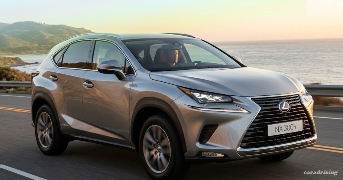 A silver Lexus NX 300h hybrid luxury SUV driving along a scenic coastal highway at sunset.