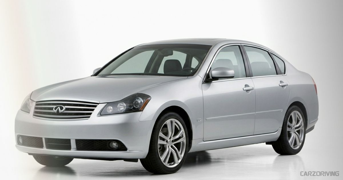 Silver Infiniti M45S luxury sedan parked in a studio environment, showing a front three-quarter view.