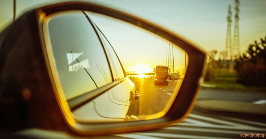 Golden hour reflection of a highway and truck in a passenger side mirror car blind spot view.