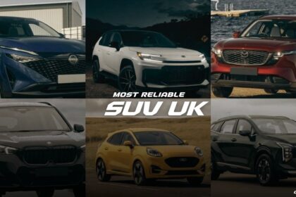 Most reliable SUV UK collage of six dependable SUVs including Nissan Qashqai, Toyota Corolla Cross, Mazda CX-60, BMW X1, Ford Puma, and Kia Sportage