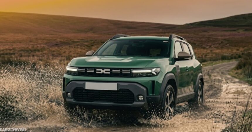 A green Dacia Duster driving off-road and splashing water on a dirt track.