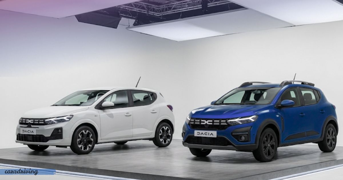 A white Dacia Sandero and a blue Dacia Sandero Stepway parked together in a white studio setting with overhead lighting.