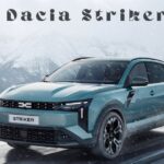 Teal Dacia Striker SUV driving on a snowy mountain road with custom text overlay.