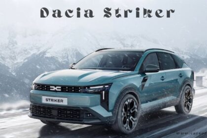 Teal Dacia Striker SUV driving on a snowy mountain road with custom text overlay.