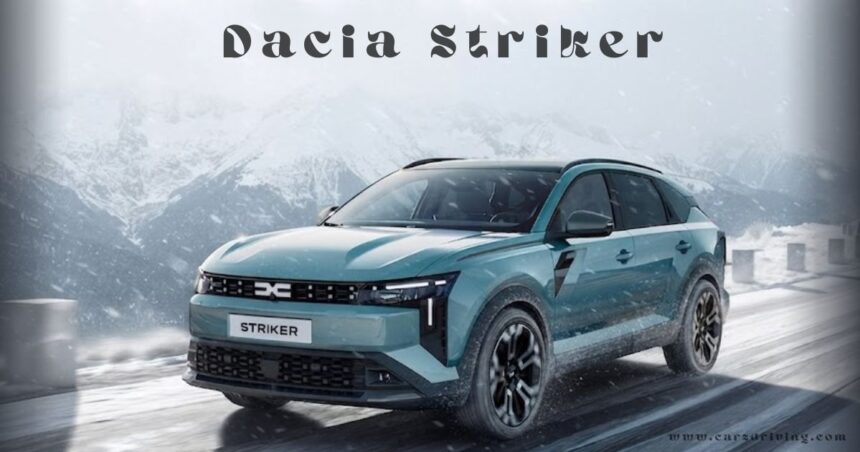 Teal Dacia Striker SUV driving on a snowy mountain road with custom text overlay.
