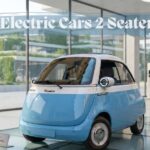 Microlino two-seater electric car on display in a modern showroom under Electric Cars 2 Seater text overlay