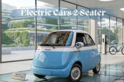 Microlino two-seater electric car on display in a modern showroom under Electric Cars 2 Seater text overlay