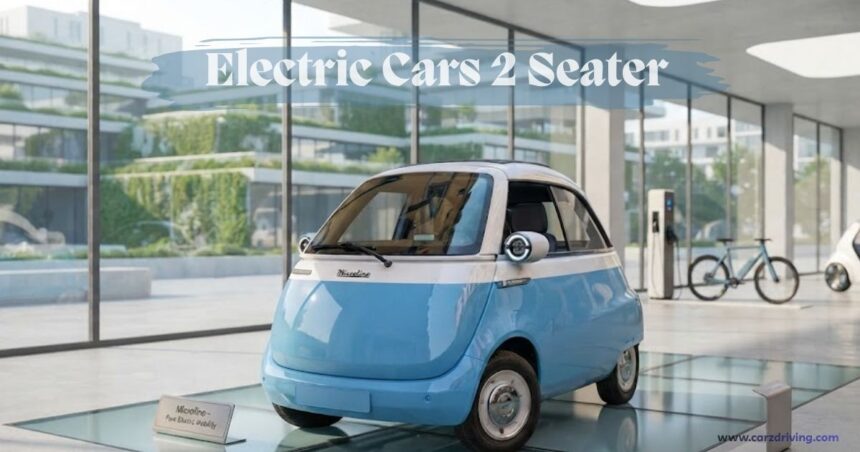 Microlino two-seater electric car on display in a modern showroom under Electric Cars 2 Seater text overlay