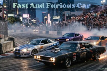 A classic black Fast and Furious car drifting alongside a silver and blue sports car on a racetrack packed with spectators.