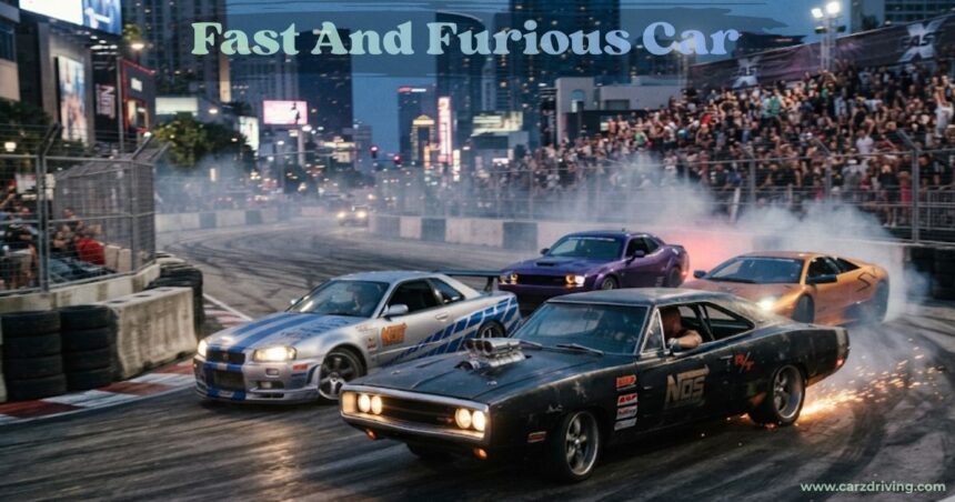 A classic black Fast and Furious car drifting alongside a silver and blue sports car on a racetrack packed with spectators.