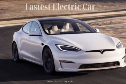 White Tesla Model S Plaid driving on a road, representing the fastest electric car in production.