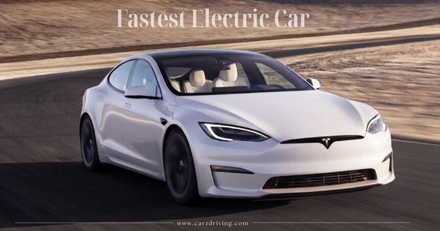 White Tesla Model S Plaid driving on a road, representing the fastest electric car in production.