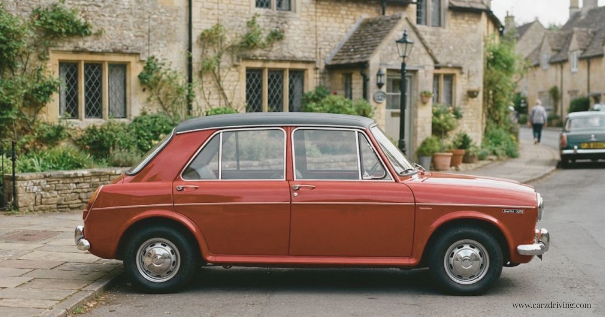 Classic red Austin 1300 saloon parked in front of a traditional stone cottage, perfect for enthusiasts of British automotive history.