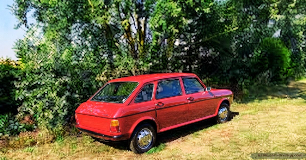 "A red Austin Maxi hatchback parked on a grassy verge in front of a dense green tree line."