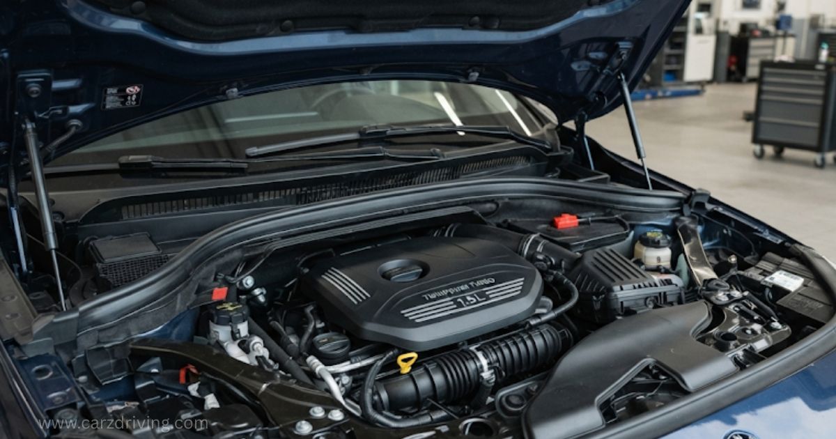Under-hood view of a vehicle engine compartment in a garage. The central focus is a black b38 engine cover featuring silver accent lines and text that reads "TwinPower Turbo 1.5L". Surrounding mechanical components, hoses, and fluid reservoirs are visible under the open dark blue hood.
